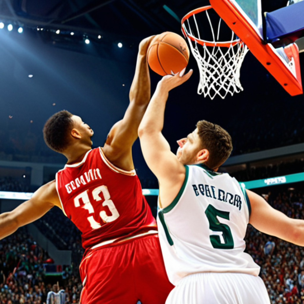 **Image Prompt:** Action shot of a basketball player in mid-air, analyzing data overlays highlighting strengths (e.g., shooting accuracy from the left wing) and weaknesses (e.g., defensive matchups against fast players).  Include visual representations of data charts and graphs. Emphasis on individual performance analysis and improvement.