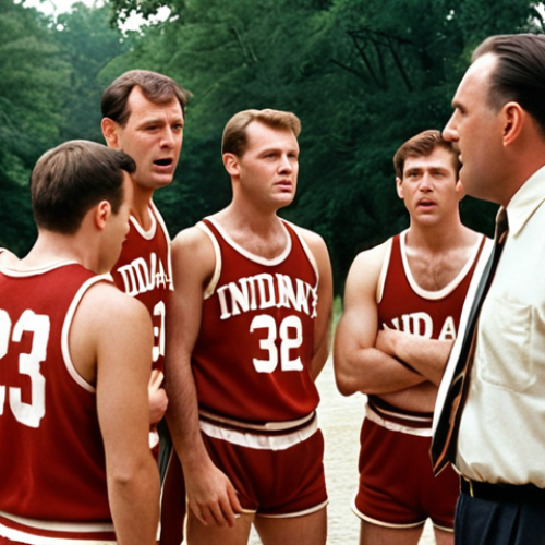 Home 18 **
* **Prompt:** "Hoosiers (1986) movie scene, small-town basketball team, underdog spirit, coach giving inspirational speech, Indiana countryside backdrop, vintage 1950s setting."
**