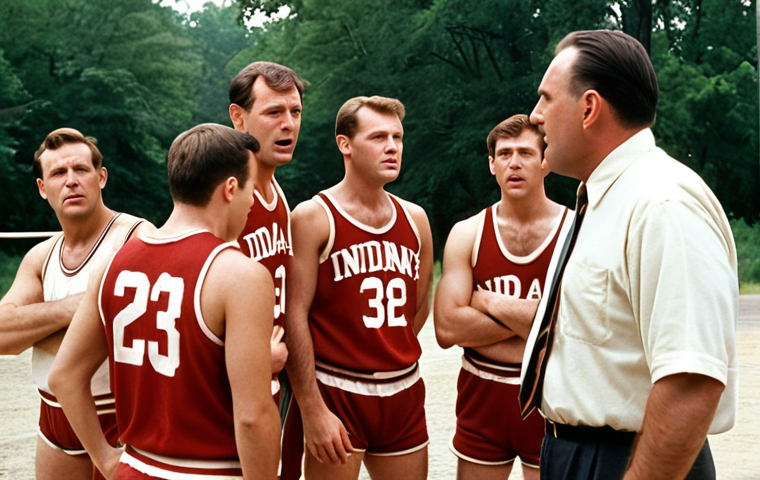 **

*   **Prompt:** "Hoosiers (1986) movie scene, small-town basketball team, underdog spirit, coach giving inspirational speech, Indiana countryside backdrop, vintage 1950s setting."

**