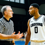 A professional male basketball player, mid-game, fully clothed in a modest team uniform, respectfully communicating with a male basketball referee in a professional referee uniform. They are standing on an indoor basketball court during a game stoppage, near the free throw line. The player has an open, calm, and listening posture, showing understanding and a desire for clarification. The lighting is bright and even, highlighting the professional atmosphere. Perfect anatomy, correct proportions, natural pose, well-formed hands, proper finger count, natural body proportions. Safe for work, appropriate content, fully clothed, professional.