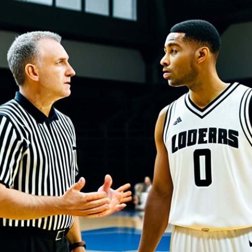 A professional male basketball player, mid-game, fully clothed in a modest team uniform, respectfully communicating with a male basketball referee in a professional referee uniform. They are standing on an indoor basketball court during a game stoppage, near the free throw line. The player has an open, calm, and listening posture, showing understanding and a desire for clarification. The lighting is bright and even, highlighting the professional atmosphere. Perfect anatomy, correct proportions, natural pose, well-formed hands, proper finger count, natural body proportions. Safe for work, appropriate content, fully clothed, professional.