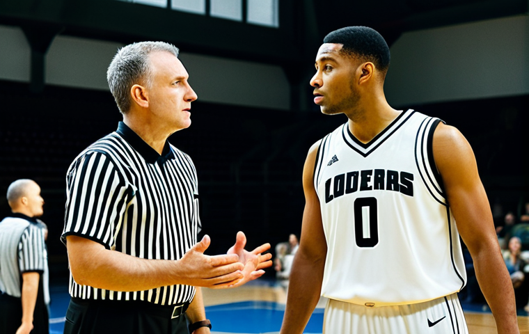 A professional male basketball player, mid-game, fully clothed in a modest team uniform, respectfully communicating with a male basketball referee in a professional referee uniform. They are standing on an indoor basketball court during a game stoppage, near the free throw line. The player has an open, calm, and listening posture, showing understanding and a desire for clarification. The lighting is bright and even, highlighting the professional atmosphere. Perfect anatomy, correct proportions, natural pose, well-formed hands, proper finger count, natural body proportions. Safe for work, appropriate content, fully clothed, professional.