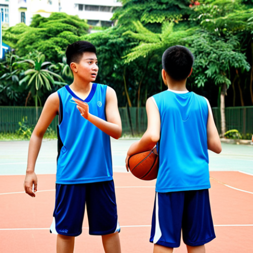 Young Vietnamese Basketball Team Practicing**

"A group of young Vietnamese basketball players (ages 12-15) in matching team uniforms, fully clothed and appropriate attire, practicing drills on an outdoor basketball court in Ho Chi Minh City. The court is well-maintained. Focus on teamwork and determination. Safe for work, family-friendly, professional photography, perfect anatomy, natural proportions, well-formed hands, proper finger count, bright daylight."

**