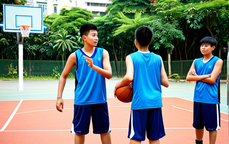 Young Vietnamese Basketball Team Practicing**
"A group of young Vietnamese basketball players (ages 12-15) in matching team uniforms, fully clothed and appropriate attire, practicing drills on an outdoor basketball court in Ho Chi Minh City. The court is well-maintained. Focus on teamwork and determination. Safe for work, family-friendly, professional photography, perfect anatomy, natural proportions, well-formed hands, proper finger count, bright daylight."
**