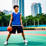 Young Basketball Player Training**

"A focused young Vietnamese basketball player, fully clothed in a modern basketball uniform, practicing dribbling drills on an outdoor court in Ho Chi Minh City. The background features the city skyline. Perfect anatomy, correct proportions, natural pose, professional photography, high quality, safe for work, appropriate content, modest, family-friendly."

**