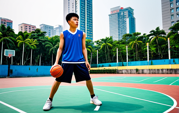 Young Basketball Player Training**
"A focused young Vietnamese basketball player, fully clothed in a modern basketball uniform, practicing dribbling drills on an outdoor court in Ho Chi Minh City. The background features the city skyline. Perfect anatomy, correct proportions, natural pose, professional photography, high quality, safe for work, appropriate content, modest, family-friendly."
**